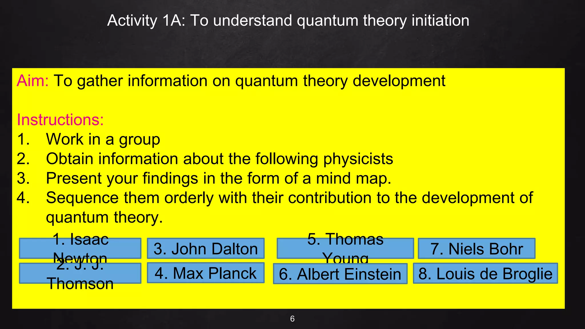 Activity 1A: To understand quantum theory initiation
6
Aim: To gather information on quantum theory development
Instructions:
1. Work in a group
2. Obtain information about the following physicists
3. Present your findings in the form of a mind map.
4. Sequence them orderly with their contribution to the development of
quantum theory.
1. Isaac
Newton
3. John Dalton
2. J. J.
Thomson
4. Max Planck
7. Niels Bohr
5. Thomas
Young
8. Louis de Broglie
6. Albert Einstein
 
