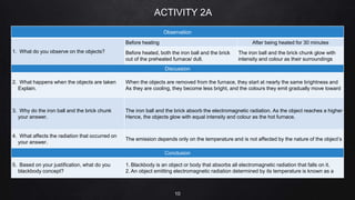 ACTIVITY 2A
10
Observation
1. What do you observe on the objects?
Before heating After being heated for 30 minutes
Before heated, both the iron ball and the brick
out of the preheated furnace/ dull.
The iron ball and the brick chunk glow with
intensity and colour as their surroundings
Discussion
2. What happens when the objects are taken
Explain.
When the objects are removed from the furnace, they start at nearly the same brightness and
As they are cooling, they become less bright, and the colours they emit gradually move toward
3. Why do the iron ball and the brick chunk
your answer.
The iron ball and the brick absorb the electromagnetic radiation. As the object reaches a higher
Hence, the objects glow with equal intensity and colour as the hot furnace.
4. What affects the radiation that occurred on
your answer.
The emission depends only on the temperature and is not affected by the nature of the object’s
Conclusion
5. Based on your justification, what do you
blackbody concept?
1. Blackbody is an object or body that absorbs all electromagnetic radiation that falls on it.
2. An object emitting electromagnetic radiation determined by its temperature is known as a
 