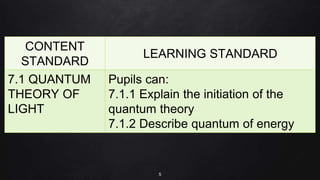 5
CONTENT
STANDARD
LEARNING STANDARD
7.1 QUANTUM
THEORY OF
LIGHT
Pupils can:
7.1.1 Explain the initiation of the
quantum theory
7.1.2 Describe quantum of energy
 