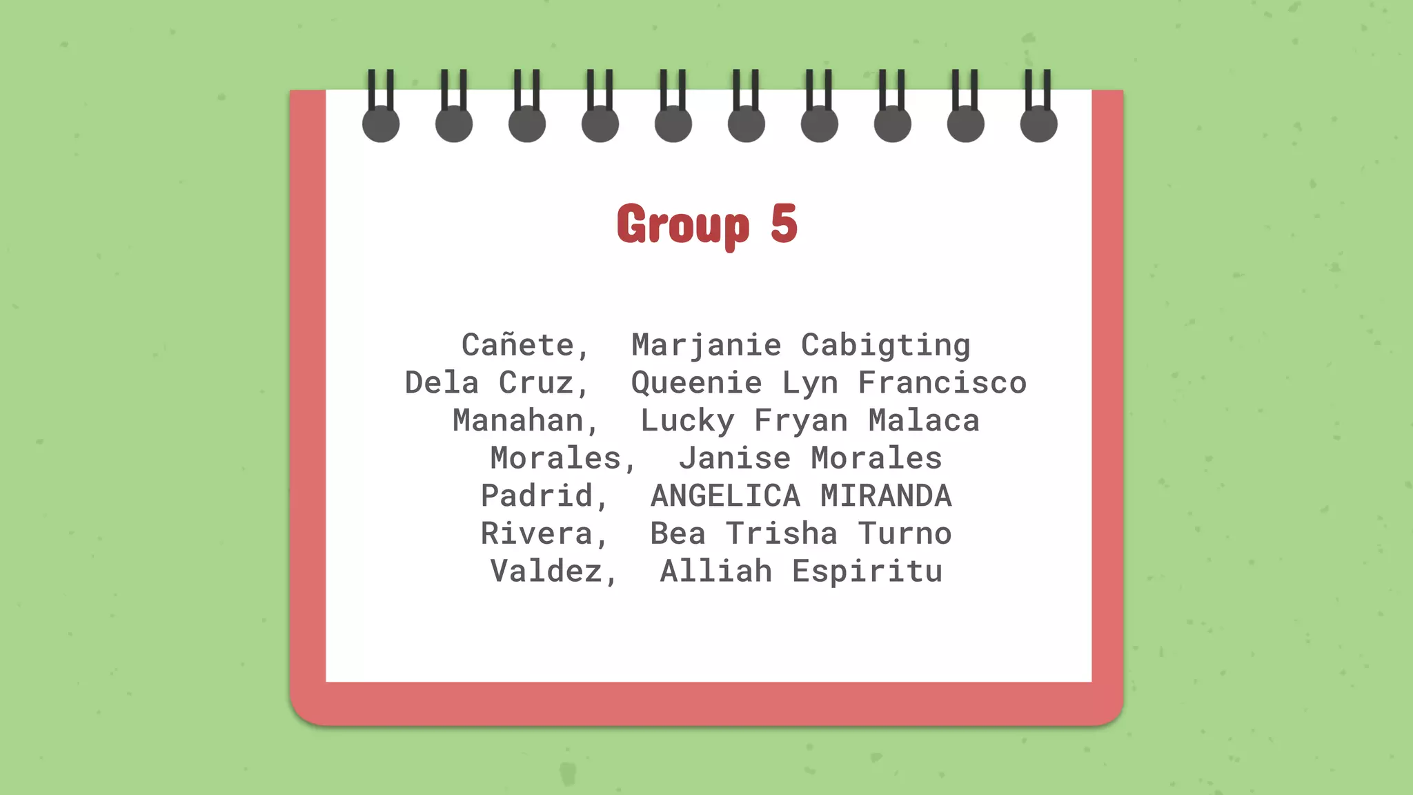 Cañete, Marjanie Cabigting
Dela Cruz, Queenie Lyn Francisco
Manahan, Lucky Fryan Malaca
Morales, Janise Morales
Padrid, ANGELICA MIRANDA
Rivera, Bea Trisha Turno
Valdez, Alliah Espiritu
Group 5
 