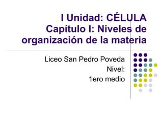 I Unidad: CÉLULA Capítulo I: Niveles de organización de la materia Liceo San Pedro Poveda Nivel: 1ero medio 
