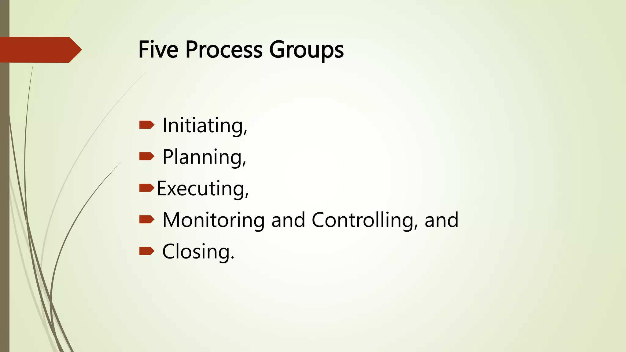 Five Process Groups
 Initiating,
 Planning,
Executing,
 Monitoring and Controlling, and
 Closing.
 