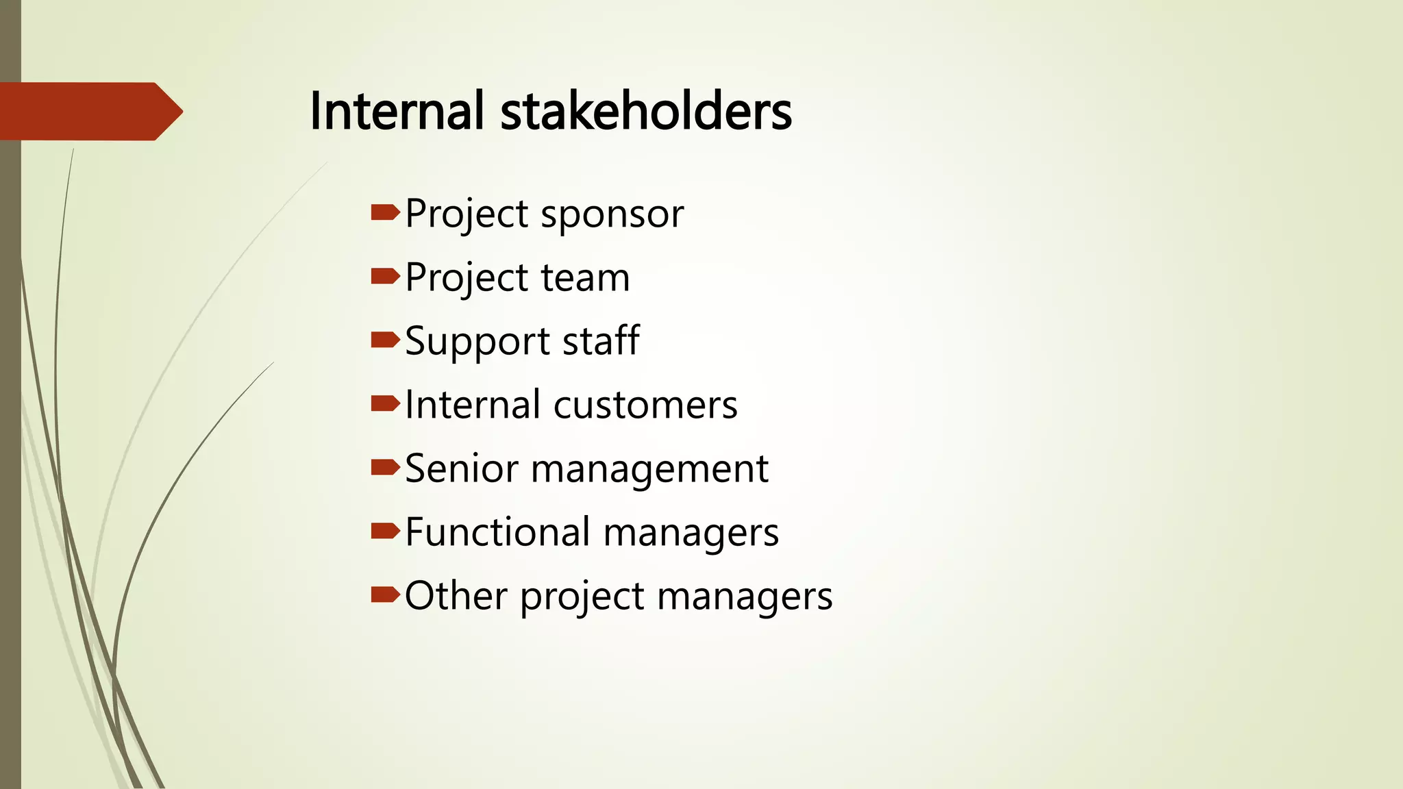 Internal stakeholders
Project sponsor
Project team
Support staff
Internal customers
Senior management
Functional managers
Other project managers
 