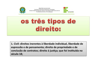 1.	
  Civil:	
  direitos	
  inerentes	
  à	
  liberdade	
  individual,	
  liberdade	
  de	
  
expressão	
  e	
  de	
  pensamento;	
  direito	
  de	
  propriedade	
  e	
  de	
  
conclusão	
  de	
  contratos;	
  direito	
  à	
  jus@ça;	
  que	
  foi	
  ins@tuída	
  no	
  
século	
  18;	
  
 