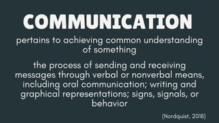 pertains to achieving common understanding
of something
COMMUNICATION
the process of sending and receiving
messages through verbal or nonverbal means,
including oral communication; writing and
graphical representations; signs, signals, or
behavior
(Nordquist, 2018)
 