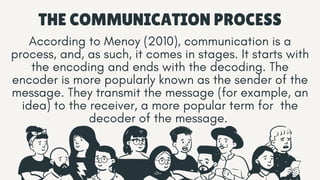 THE COMMUNICATION PROCESS
According to Menoy (2010), communication is a
process, and, as such, it comes in stages. It starts with
the encoding and ends with the decoding. The
encoder is more popularly known as the sender of the
message. They transmit the message (for example, an
idea) to the receiver, a more popular term for the
decoder of the message.
 