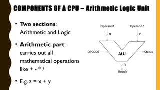 • Two sections:
Arithmetic and Logic
• Arithmetic part:
carries out all
mathematical operations
like + - * /
• E.g. z = x + y
COMPONENTS OF A CPU – Arithmetic Logic Unit
 