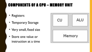 • Registers
• Temporary Storage
• Very small, fixed size
• Store one value or
instruction at a time
COMPONENTS OF A CPU – MEMORY UNIT
 