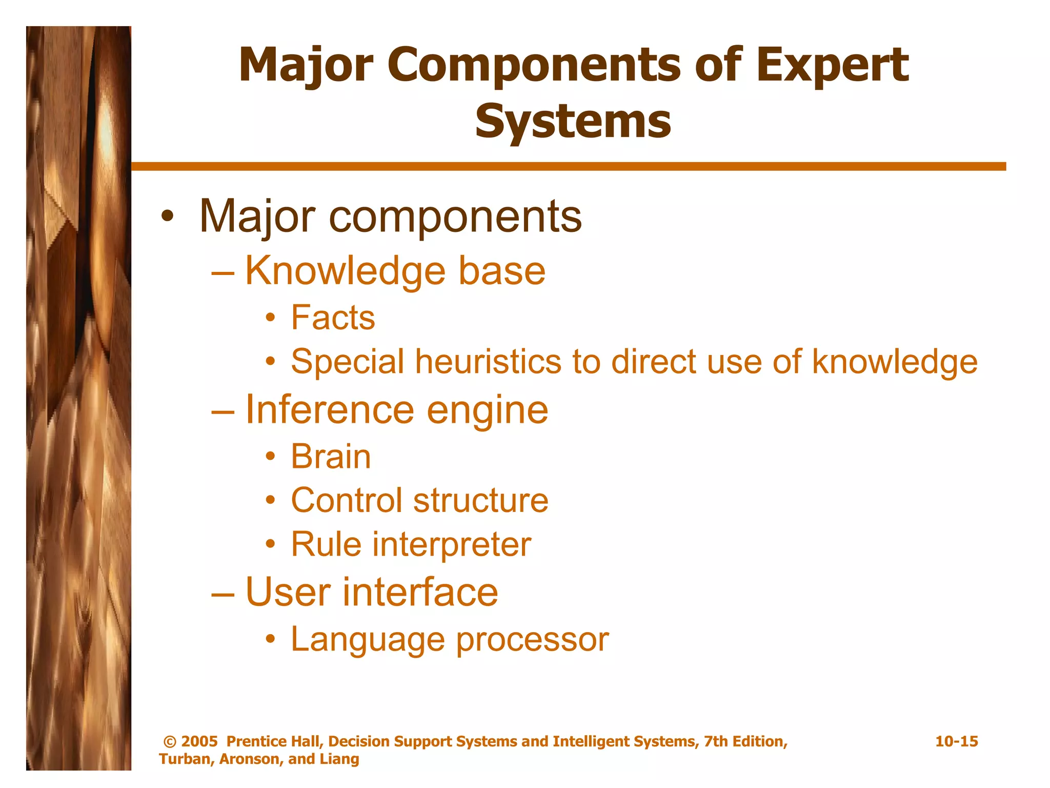 Major Components of Expert Systems Major components Knowledge base Facts  Special heuristics to direct use of knowledge Inference engine Brain Control structure Rule interpreter User interface Language processor 