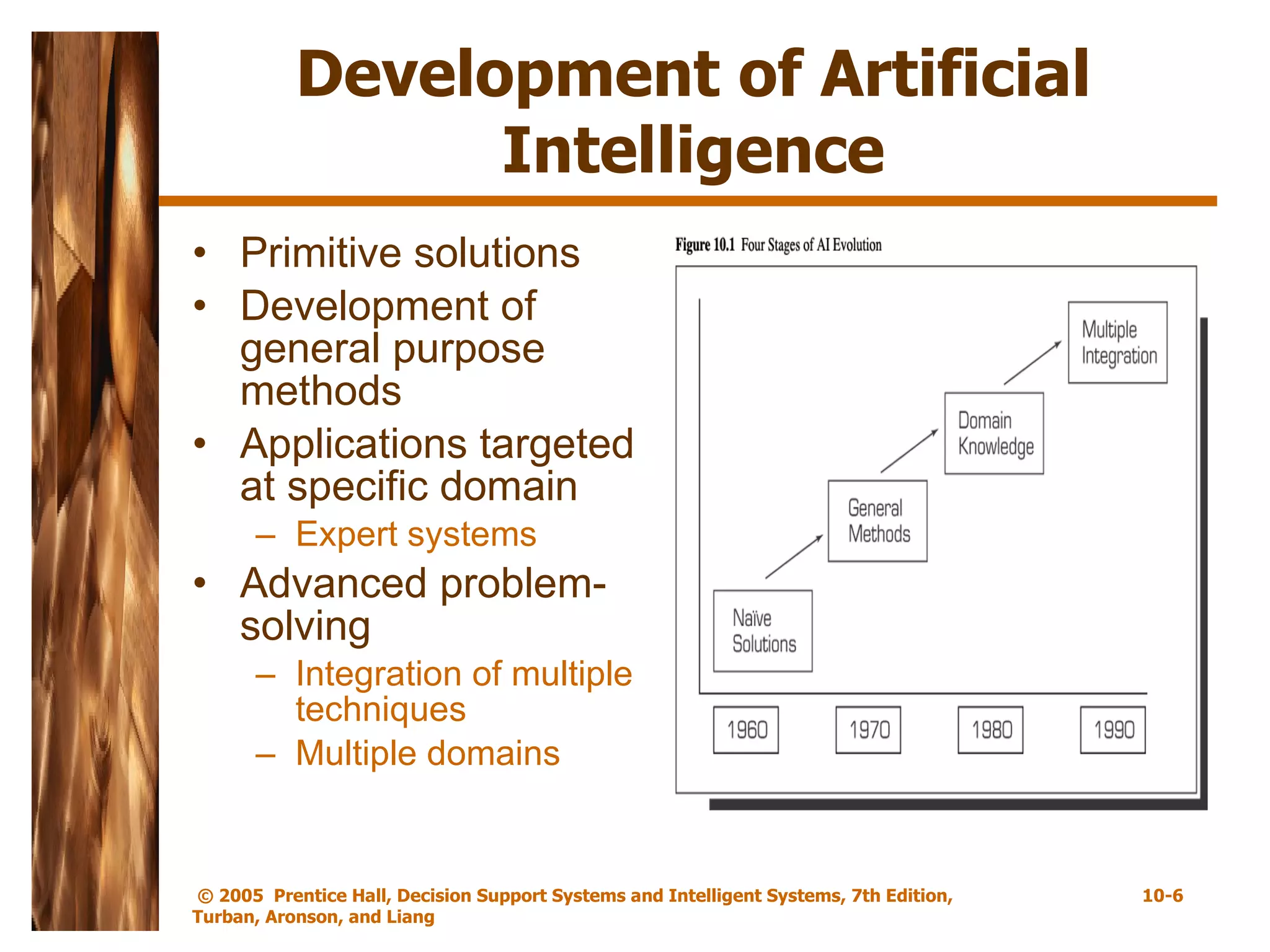 Development of Artificial Intelligence Primitive solutions Development of general purpose methods Applications targeted at specific domain Expert systems Advanced problem-solving Integration of multiple techniques Multiple domains 
