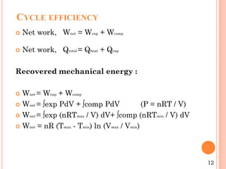 CYCLE EFFICIENCY
 Net work, Wnet = Wexp + Wcomp
 Net work, Qtotal = Qheat + Qexp
Recovered mechanical energy :
 Wnet = Wexp + Wcomp
 Wnet = ∫exp PdV + ∫comp PdV (P = nRT / V)
 Wnet = ∫exp (nRTmax / V) dV+ ∫comp (nRTmin / V) dV
 Wnet = nR (Tmax - Tmin) ln (Vmax / Vmin)
12
 