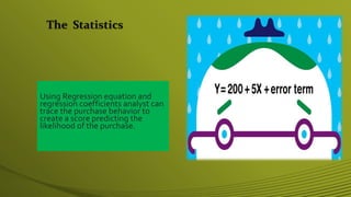 The Statistics
Using Regression equation and
regression coefficients analyst can
trace the purchase behavior to
create a score predicting the
likelihood of the purchase.
 