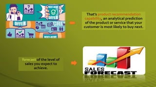 That’s product recommendation
capability, an analytical prediction
of the product or service that your
customer is most likely to buy next.
forecast of the level of
sales you expect to
achieve.
 