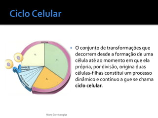  O conjunto de transformações que
decorrem desde a formação de uma
célula até ao momento em que ela
própria, por divisão, origina duas
células-filhas constitui um processo
dinâmico e contínuo a gue se chama
ciclo celular.
NunoCorreia 09/10
 