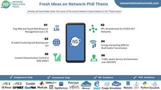 networksimulationtools.com
CloudSim
Fogsim
PhD Guidance
MS Guidance
Assignment Help Homework Help
Fresh Ideas on Network PhD Thesis
Hereby we have listed down the some of the recent research topics based on the Thesis topics,
Fog-RAN and Cloud-RAN Resource
Management over LTE
01
RPL Amendments for 6TiSCH IIoT
Networks
02
AI aided Clustering and Routing over
IoT
03
Energy-Harvesting WSN for
Multimedia Transmission
04
Content Dissemination Control in
NDN-VANET
05
Traffic-aware Service Orchestration
over SDN/NFV
06
 