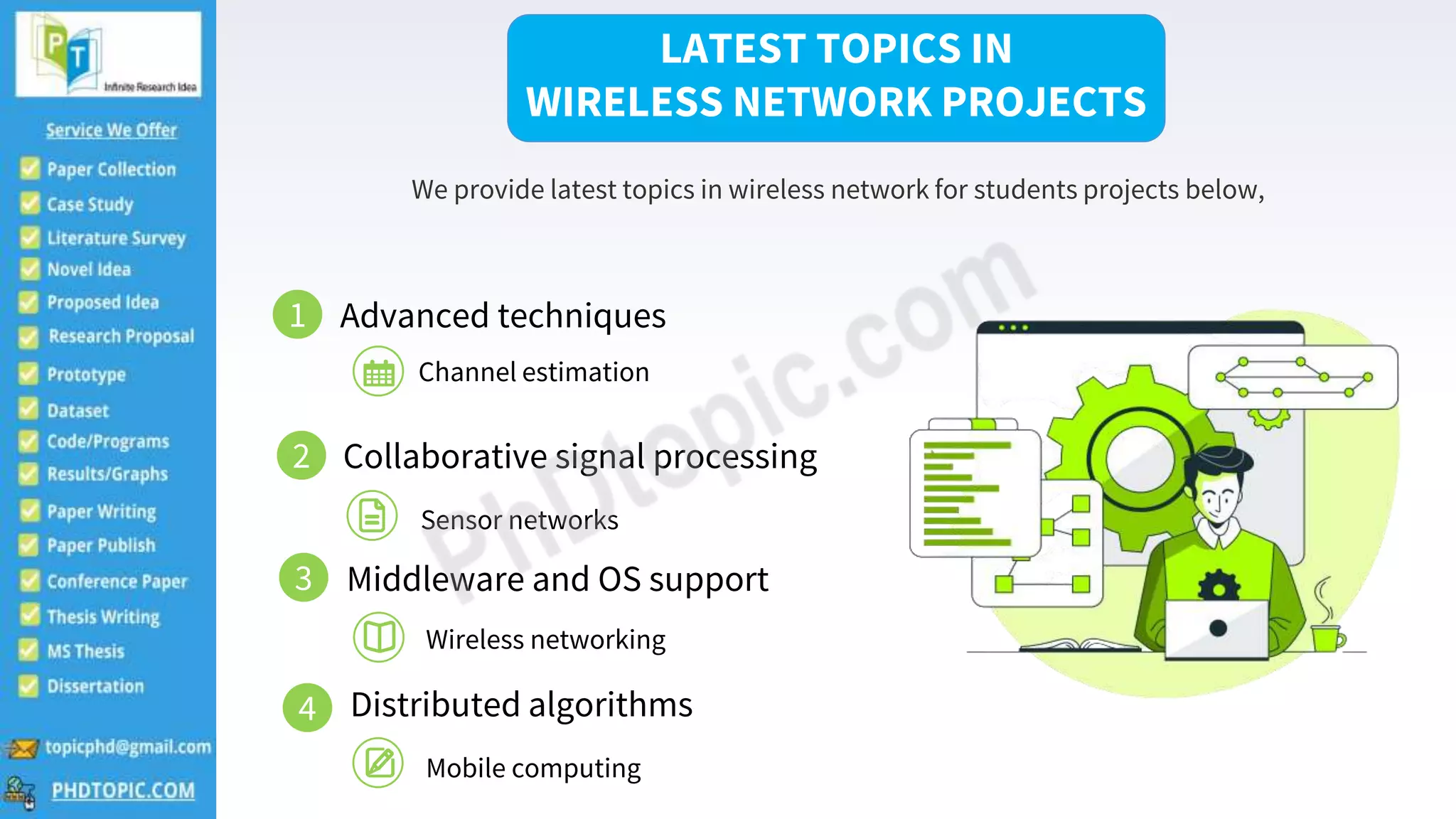 4
Channel estimation
LATEST TOPICS IN
WIRELESS NETWORK PROJECTS
We provide latest topics in wireless network for students projects below,
1 Advanced techniques
2 Collaborative signal processing
Sensor networks
3 Middleware and OS support
Wireless networking
4 Distributed algorithms
Mobile computing