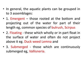 • In general, the aquatic plants can be grouped in
to 3 assemblages:
• 1. Emergent – those rooted at the bottom and
projecting out of the water for part of their
length eg, common species of bulrush, Scirpus
• 2. Floating - these which wholly or in part float in
the surface of water and often do not project
above it eg. Duck weed Lemna and
• 3. Submerged - those which are continuously
submerged eg, Vallisneria.
 