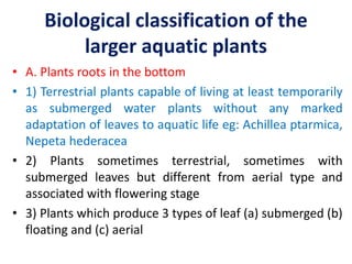 Biological classification of the
larger aquatic plants
• A. Plants roots in the bottom
• 1) Terrestrial plants capable of living at least temporarily
as submerged water plants without any marked
adaptation of leaves to aquatic life eg: Achillea ptarmica,
Nepeta hederacea
• 2) Plants sometimes terrestrial, sometimes with
submerged leaves but different from aerial type and
associated with flowering stage
• 3) Plants which produce 3 types of leaf (a) submerged (b)
floating and (c) aerial
 