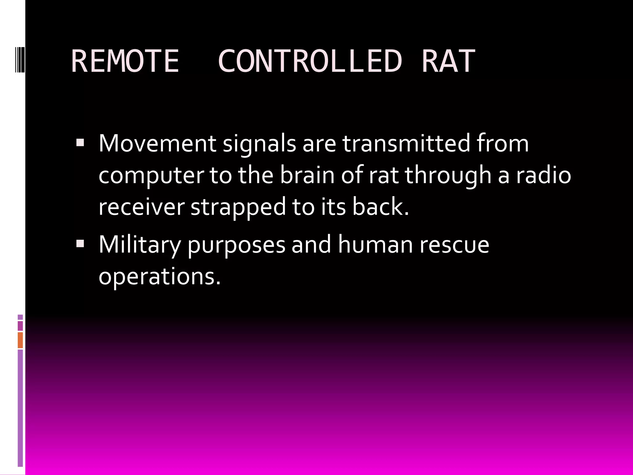 REMOTE CONTROLLED RAT
 Movement signals are transmitted from
computer to the brain of rat through a radio
receiver strapped to its back.
 Military purposes and human rescue
operations.
 