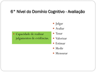 6° Nível do Domínio Cognitivo - Avaliação

                                 Julgar
                                 Avaliar
  Capacidade de realizar        Taxar
   julgamentos de evidências.    Valorizar
                                 Estimar
                                 Medir
                                 Mensurar
 