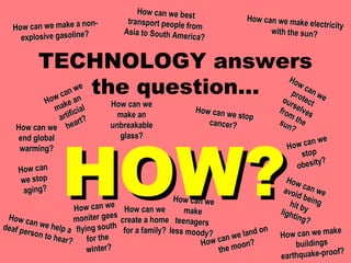 nHow can we make a no
explosive gasoline?

How can we best
transport people
from
Asia to South Am
erica?

How can we mak
e electricity
with the sun?

TECHNOLOGY answers
Ho
wc
we the question…
pro an w
can n
ou tec e
a
How

e
mak icial
f
arti rt?
a
How can we he
end global
warming?

How can
we stop
aging?

How can we
make an
unbreakable
glass?

How can w
e stop
cancer?

t
rs
fro elves
m
sun the
?

HOW?

How can we
we How can we
How can
make
r gees create a home teen
How ca
monite
agers
n we h
deaf pe
elp a flying south for a family? less
d on
moody?
rson to
we lan
hear?
an
for the
How c moon?
winter?
the

we
w can
Ho
stop
y?
obesit

How
c
avoi an we
d be
hit b ing
light y
i ng?
ke
How can we ma
buildings
of?
earthquake-pro

 