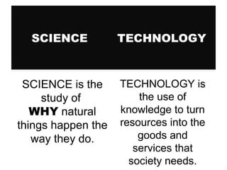 SCIENCE

TECHNOLOGY

SCIENCE is the
study of
WHY natural
things happen the
way they do.

TECHNOLOGY is
the use of
knowledge to turn
resources into the
goods and
services that
society needs.

 