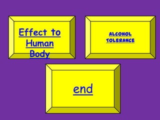 Effect to
Human
Body
Alcohol
Tolerance
end
 