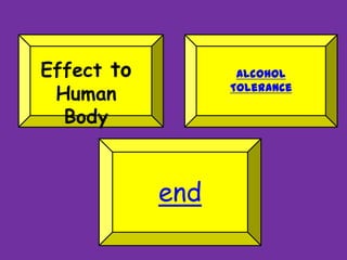 Effect to
Human
Body
Alcohol
Tolerance
end
 