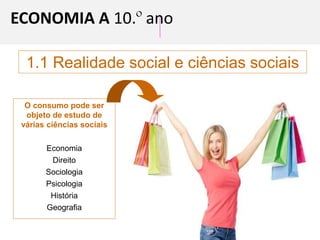 1.1 Realidade social e ciências sociais
O consumo pode ser
objeto de estudo de
várias ciências sociais
Economia
Direito
Sociologia
Psicologia
História
Geografia
ECONOMIA A 10.º ano
 