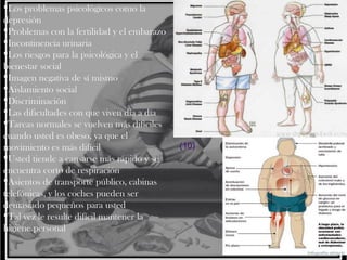 Los problemas psicológicos como la
depresión
Problemas con la fertilidad y el embarazo
Incontinencia urinaria
Los riesgos para la psicológica y el
bienestar social
Imagen negativa de sí mismo
Aislamiento social
Discriminación
Las dificultades con que viven día a día
Tareas normales se vuelven más difíciles
cuando usted es obeso, ya que el
movimiento es más difícil
Usted tiende a cansarse más rápido y se
encuentra corto de respiración
Asientos de transporte público, cabinas
telefónicas, y los coches pueden ser
demasiado pequeños para usted
Tal vez le resulte difícil mantener la
higiene personal

(10)

 