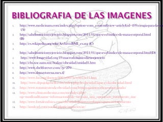 1.

2.

3.

http://www.medicinam.com/index.php?option=com_content&view=article&id=499:cirugia-para-la-obe
(A)
http://saludnutricionyejercicio.blogspot.com/2011/01/que-es-el-indice-de-masa-corporal.html
(B)
http://es.wikipedia.org/wiki/Archivo:BMI_es.svg (C)

4.

5.
6.
7.
8.
9.
10.
11.
12.

13.
14.

http://saludnutricionyejercicio.blogspot.com/2011/01/que-es-el-indice-de-masa-corporal.html(D)
http://www.longevidad.org/19.macrodominio-dieta-ejercicio
http://cbs.xoc.uam.mx/3rafase/obesidad/unidad1.htm
http://www.sbeltforever.com/?p=270
http://www.drmaytorena.mex.tl/
http://www.fao.org/docrep/006/w0073s/w0073s11.htm
http://www.drpujolgebelli.com/index.php/la-obesidad/ique-es-la-obesidad.html
http://www.tratamientosdeobesidad.com/bypass-gastrico-eficaz-contrastado/
http://www.clinicasobesitas.com/modules.php?
op=modload&name=informacion&file=necesito_una_operacion_tratamiento_imc
http://www.fortalezafisica.com/obesidad-distintos-enfoques-para-su-tratamiento
http://imulead.com/yook3/plastic/anuncios/ae/

 