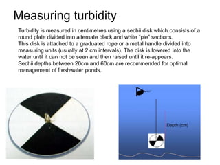 Measuring turbidity
Turbidity is measured in centimetres using a sechii disk which consists of a
round plate divided into alternate black and white “pie” sections.
This disk is attached to a graduated rope or a metal handle divided into
measuring units (usually at 2 cm intervals). The disk is lowered into the
water until it can not be seen and then raised until it re-appears.
Sechii depths between 20cm and 60cm are recommended for optimal
management of freshwater ponds.
 