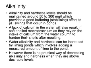 Alkalinity
• Alkalinity and hardness levels should be
maintained around 50 to 300 mg/l which
provides a good buffering (stabilising) effect to
pH swings that occur in ponds
• A lack of calcium in the water will also result in
soft shelled macrobrachium as they rely on the
intake of calcium from the water column to
harden their shells after moulting.
• Water alkalinity and hardness can be increased
by liming ponds which involves adding a
measured amount of lime to the pond.
• However there is no practical way of decreasing
alkalinity and hardness when they are above
desirable levels.
 