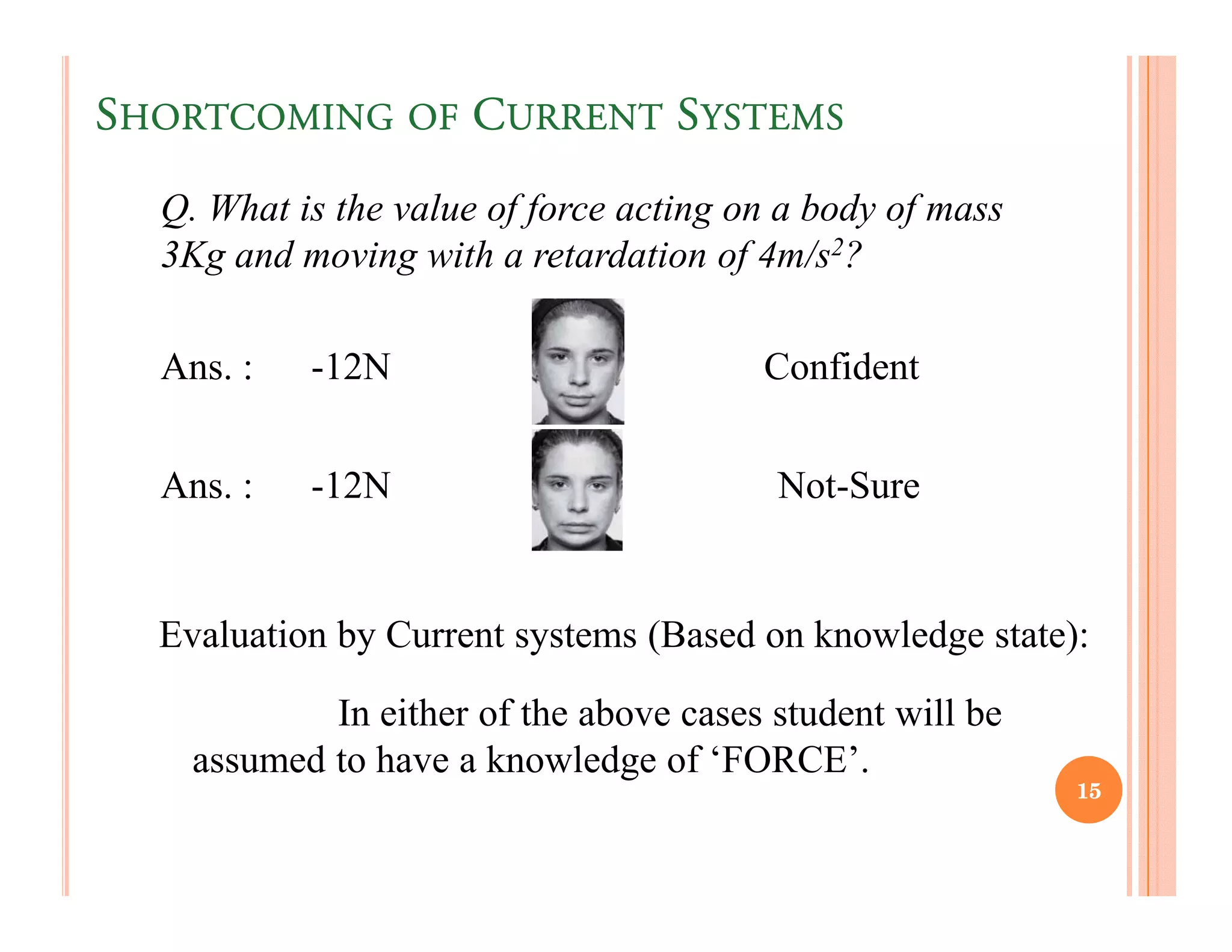 SHORTCOMING OF CURRENT SYSTEMS
  Q. What is the value of force acting on a body of mass
  3Kg and moving with a retardation of 4m/s2?

  Ans. :   -12N                         Confident


  Ans. :   -12N                          Not-Sure


  Evaluation by Current systems (Based on knowledge state):

            In either of the above cases student will be
    assumed to have a knowledge of ‘FORCE’.
                                                           15
 