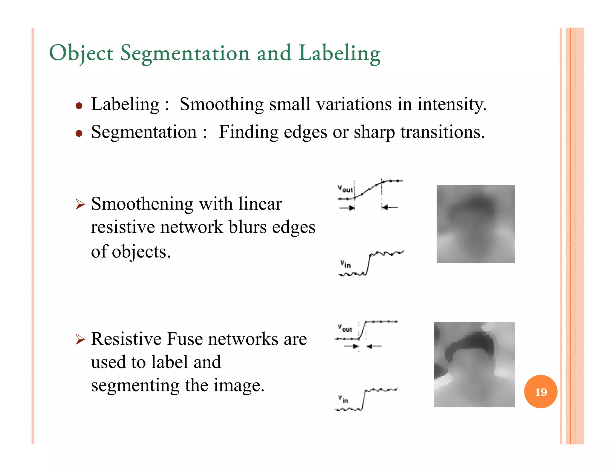 Object Segmentation and Labeling

  ● Labeling : Smoothing small variations in intensity.
  ● Segmentation : Finding edges or sharp transitions.



      Smoothening with linear
      resistive network blurs edges
      of objects.



      Resistive Fuse networks are
      used to label and
      segmenting the image.                               19
 