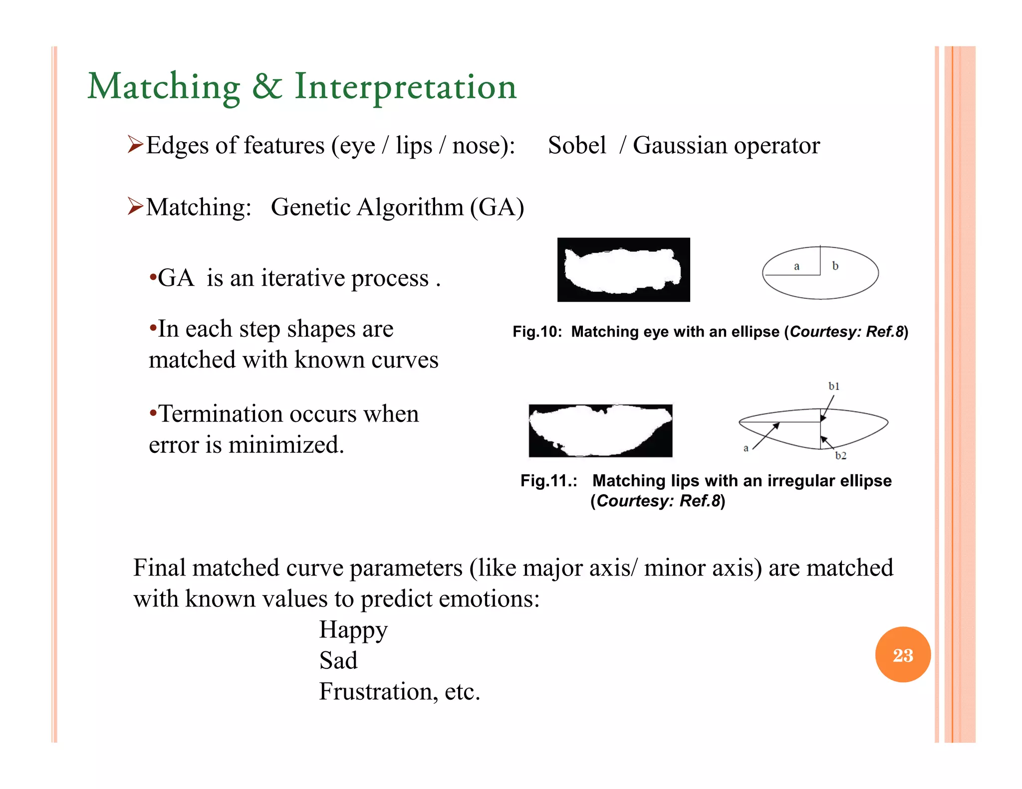 Matching & Interpretation
   Edges of features (eye / lips / nose):      Sobel / Gaussian operator

   Matching: Genetic Algorithm (GA)

   •GA is an iterative process .
   •In each step shapes are             Fig.10: Matching eye with an ellipse (Courtesy: Ref.8)
   matched with known curves

   •Termination occurs when
   error is minimized.
                                            Fig.11.: Matching lips with an irregular ellipse
                                                     (Courtesy: Ref.8)



  Final matched curve parameters (like major axis/ minor axis) are matched
  with known values to predict emotions:
                   Happy
                   Sad                                                    23

                   Frustration, etc.
 