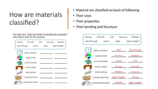 How are materials
classified?
• Material are classified on basis of following:
• Their Uses
• Their properties
• Their bonding and Structure
 