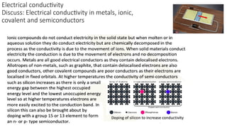 Electrical conductivity
Discuss: Electrical conductivity in metals, ionic,
covalent and semiconductors
 