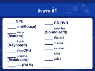 กิจกรรมที่1 
____CPU 
____ เมาส์(Mouse) 
____ จอภาพ 
(Monitor) 
____ คีบอร์ด 
(Keyboard) 
____ พัดลมCPU 
____ เมนบอร์ด 
(Mainboard) 
____ แรม (RAM) 
____ ฮาร์ดดิส Hard 
____ CD,DVD 
____ การ์ดเสียง 
(SoundCord) 
____ ปริ้นเตอร์ 
____ ราวเตอร์ 
____ แฟรตไดร์ 
____ กล้อง 
____ ลาโพง 
27/10/57 www.rmutt.ac.th 18 
 