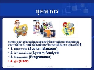 บุคลากร 
หมายถึง บุคลากรในงานด้านคอมพิวเตอร์ ซึ่งมีความรู้เกี่ยวกับคอมพิวเตอร์ 
สามารถใช้งาน สัง่งานเพื่อให้คอมพิวเตอร์ทา งานตามที่ต้องการ แบ่งออกได้ 4 
• 1. ผ้จูัดการระบบ (System Manager) 
• 2. นักวิเคราะห์ระบบ (System Analyst) 
• 3. โปรแกรมเมอร์ (Programmer) 
• 4. ผ้ใูช้ (User) 
27/10/57 www.rmutt.ac.th 6 
 