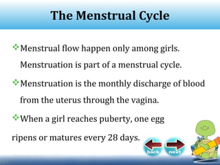 The Menstrual Cycle
Menstrual flow happen only among girls.
Menstruation is part of a menstrual cycle.
Menstruation is the monthly discharge of blood
from the uterus through the vagina.
When a girl reaches puberty, one egg
ripens or matures every 28 days.
 