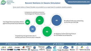 networksimulationtools.com
PhD Guidance
MS Guidance
Assignment Help Homework Help
Recent Notions in Swans Simulator
Some recent notions in Swans Simulator are provided by our expert team for academic students projects,
01 Broadband wide area networking
via IP/ATM over SATCOM
02
An Adaptive Content Sharing Protocol
for P2P Mobile Social Networks
03
Components and Interconnection
Technologies for Photonic-Assisted
04
Empowering next-generation also in
wireless personal communication networks
05
Two-Stage Deanonymization Attack
against Anonymized Social Networks
 