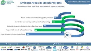 networksimulationtools.com
Fogsim
PhD Guidance
MS Guidance
Assignment Help
Eminent Areas in MTech Projects
The contemporary topics based on the MTech Networking Projects are given below,
01
02
03
04
05
Poster: simulator heterogeneous vehicular
Programmable firewall Software Networking
Independent transient plane protection in OpenFlow-based
Round-robin load balancing in Software Defined Networking
Recent wireless sensor network supporting simulators
 