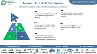 networksimulationtools.com
CloudSim
Fogsim
PhD Guidance
MS Guidance
Assignment Help Homework Help
01
Foremost Ideas in MTech Projects
The brand new ideas based on the MTech Networking Projects are listed below,
02
03
04 05
A collaborative reputation approach
to avoid misbehaving nodes in
MANETs.
01
Simulation based comparative study
of MAODV, ODMRP and also Gossip
protocol
02
Functional Constraint Extraction
From Register Transfer Level also
intended for ATPG
03
By-Passing Infected Areas also in
Wireless Sensor Networks Using
BPR
04
Linear analysis of a terahertz
staggered double-grating arrays
Cerenkov traveling wave amplifier
05
 