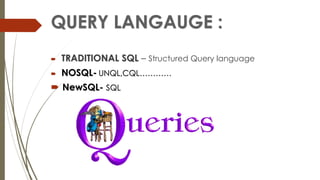 TRADITIONAL SQL – Structured Query language
 NOSQL- UNQL,CQL…………
 NewSQL- SQL
 