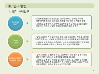 III . 연구 방법
1. 질적 사례연구

Creswell
(2007)

Stake
(1995)

McNabb (2002)
Creswell (2007)

ㆍ다원화된 방법으로 심도있는 자료 탐색하고, 선택된 이슈에
대한 상세한 논의와 깊이 있는 이해를 제공하는 데 적합한 방법
ㆍ스마트교실 환경에서 교육적 상호작용을 주도하는 교사들의 삶과
이야기에 개인의 내밀한 경험이 응축되어 있다고 판단

ㆍ질적 사례연구란 단일 사례의 복잡성을 이해하려는 것으로, 그것이
주어진 상황에서 어떻게 상호작용하는지 세부사항을 알기 위해 적용
ㆍ스마트교실 환경에서 이루어지는 스마트수업의 미시적인 상호작용,
교육적 이슈들을 포착하기 위하여 질적 사례연구를 활용

ㆍ질적 사례연구는 절차와 과정, 상호작용에 대한 탐색을 중시하기
때문에 맥락 속에서의 상호작용을 살펴볼 때 사용
ㆍ스마트교실 환경적 맥락을 살펴보아야 하고, 교사역량, 교육과정,
학교상황, 학생수준 등 다층적인 관계맥락 상호작용 속에서 구체적
으로 발현되기 때문에 질적 사례연구가 적합

 