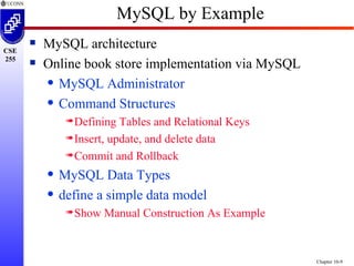 MySQL by Example MySQL architecture Online book store implementation via MySQL MySQL Administrator Command Structures Defining Tables and Relational Keys Insert, update, and delete data Commit and Rollback MySQL Data Types define a simple data model Show Manual Construction As Example 