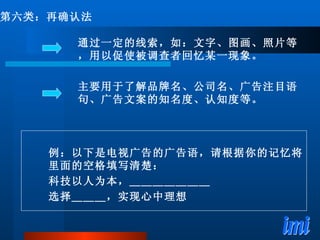 通过一定的线索，如：文字、图画、照片等，用以促使被调查者回忆某一现象。 主要用于了解品牌名、公司名、广告注目语句、广告文案的知名度、认知度等。 第六类：再确认法 例：以下是电视广告的广告语，请根据你的记忆将里面的空格填写清楚： 科技以人为本，＿＿＿＿＿＿＿ 选择＿＿＿，实现心中理想 