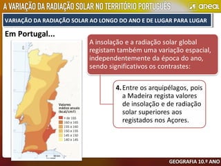 VARIAÇÃO DA RADIAÇÃO SOLAR AO LONGO DO ANO E DE LUGAR PARA LUGARVARIAÇÃO DA RADIAÇÃO SOLAR AO LONGO DO ANO E DE LUGAR PARA LUGAR
Em Portugal...
 
