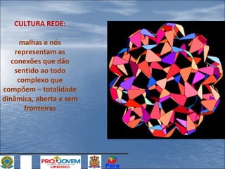 CULTURA REDE:
malhas e nós
representam as
conexões que dão
sentido ao todo
complexo que
compõem – totalidade
dinâmica, aberta e sem
fronteiras

 